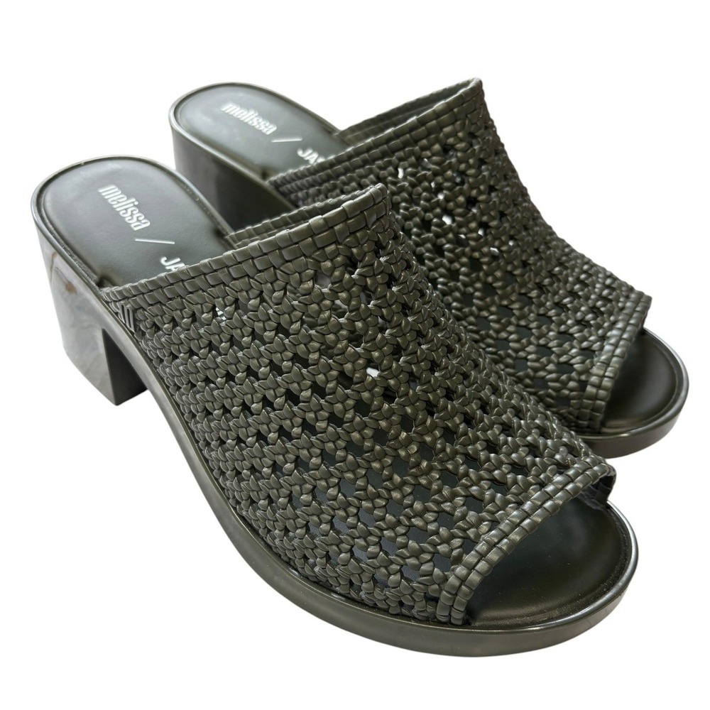 Melissa Jason Wu Mule II Dark Green Woven Heeled Slide Sandal Resort Chic 8